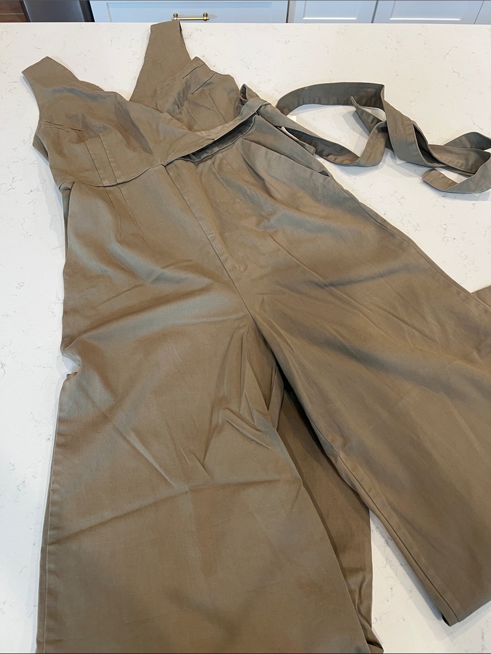 Anthropologie Sleeveless Wide-Leg Jumpsuit with Waist Tie in Taupe